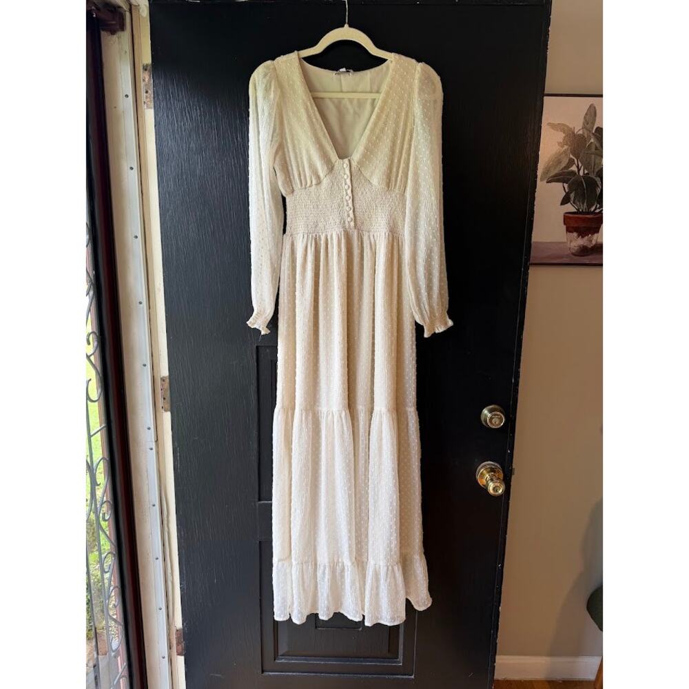Patrons of Peace Altura Dress Maxi Coquette Milkmaid Tiered Cream Swiss Dot Sz S - Picture 3 of 15